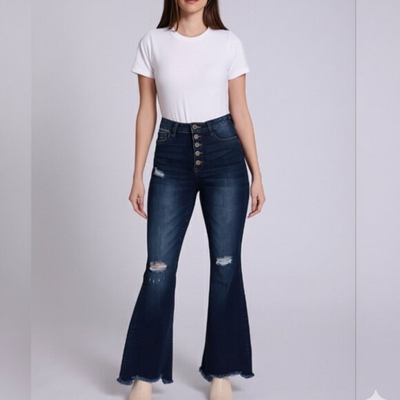 Highway Jeans Denim - High-Rise Distressed Flare Jeans Size 7 With Button Fly & Frayed Hem By Highway